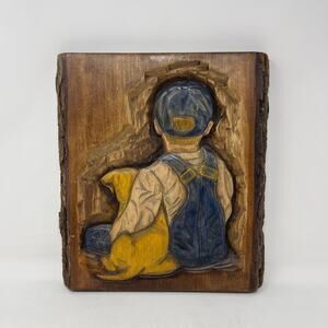 Kaisers Carvings Hand Carved Wall Art Boy Blue Overalls Dog Artist Lynn Kaiser